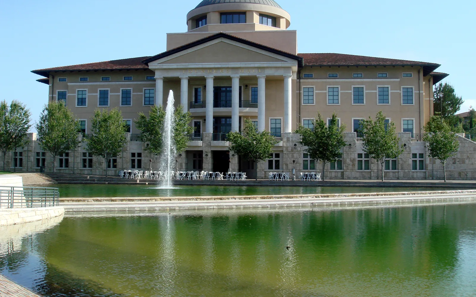 Founders Hall at Soka University campus in Aliso Viejo, showing planned community architecture
